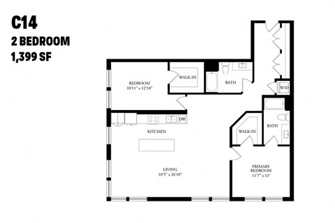 Floor plan for 2 beds, 2 baths, 1399 sqft